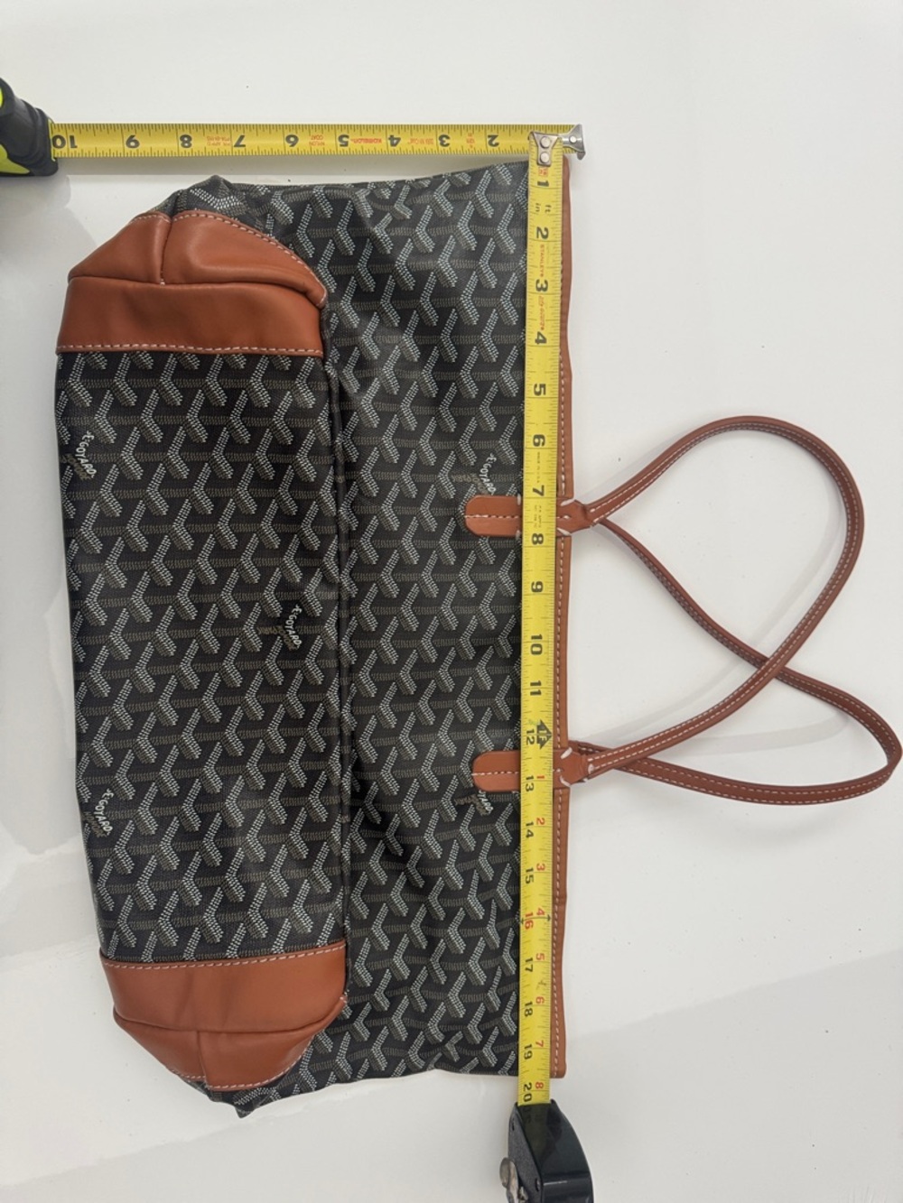 Unbranded Black Patterned Tote with Brown Trim and Double Shoulder Straps